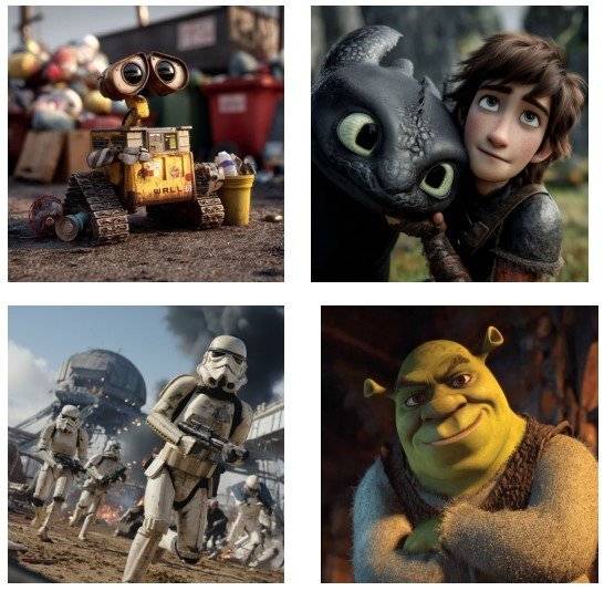 미드저니가 AI로 만들어낸 이미지들. 디즈니와 NBC유니버설이 미드저니의 저작권 침해를 입증하는 사례로 소장에 제시했다.