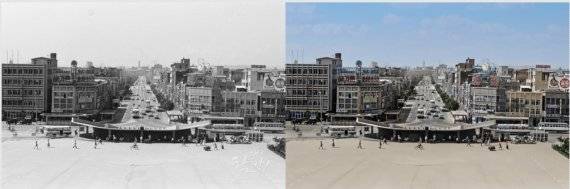 1970년대 대전역 옥상에서 본 충남도청 방향 거리풍경. 복원 전(왼쪽)·복원 후(오른쪽). 대전시 제공