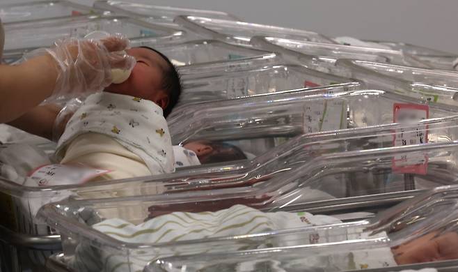 신생아실에서 분유를 먹고 있는 아기들. 대한민국 인구 감소가 가속화되는 가운데, 다음 세대를 이끌어갈 아이들의 울음소리가 점점 줄고 있다. 연구에 따르면 현재 5000만 명이 넘는 우리나라 인구는 100년 뒤 750만 명 수준까지 감소할 수 있다는 전망도 나왔다. 뉴시스