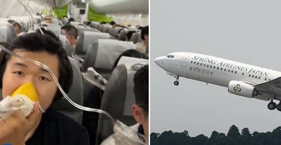 지난달 30일  오후 5시 49분쯤 상하이 푸둥공항에서 이륙한 스프링에어라인 여객기가 고도 1만 1000m에서 유압 시스템 이상으로 7000m 가량을 급강하했다. 사진 왼쪽은 사고 당시 기내 상황을 담은 모습. 엑스 캡처