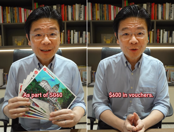 로렌스 웡 싱가포르 총리가 21세 이상 모든 국민에게 주는 600싱가포르달러(약 64만원) 상당의 SG60 바우처에 대해 영상 메시지를 통해 설명하고 있다. 웡 총리 페이스북 캡처