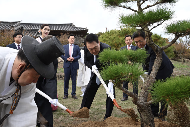 경북 안동 병산서원을 찾은 윤석열 당시 대통령이 2023년 10월 27일 유림간담회를 마친 뒤 참석자들과 기념식수를 하는 모습. 연합뉴스