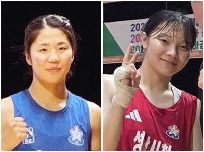 2일 충남 청양군민체육관에서 열린 2025 국가대표 2차 선발전 겸 2026 아시아경기대회 2차 선발전서 우승한 성남시청의 선수진(사진 왼쪽)과 전날 2025 U-22 국가대표로 선발된 김령연이 기념사진을 찍고 있다. 사진=성남시청