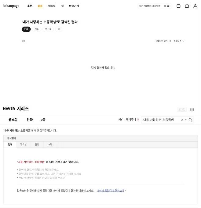 네이버 시리즈와 카카오페이지에 '내가 사랑하는 초등학생'을 검색한 결과 (각 홈페이지 화면 캡처)