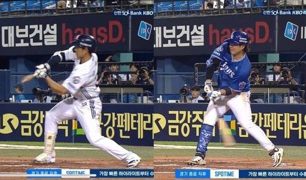 7회말 노스윙 판정을 받은 김재환의 체크스윙(왼쪽)과 7회초 스윙 판정을 받은 류지혁의 체크스윙.

SPOTV 중계화면