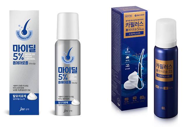 JW신약(왼쪽)과 동아제약이 각각 출시한 탈모 치료 일반의약품./각 사
