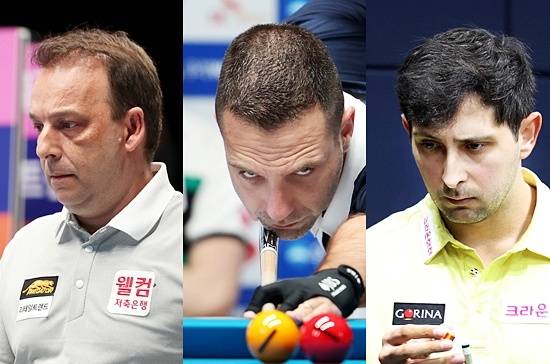 같은 연습구장을 쓰는 ‘스페인 3총사’ 산체스, 팔라손, 마르티네스(왼쪽부터)가 3일 하나카드PBA챔피언십 64강전에서 승리, 나란히 32강에 진출했다. (사진=PBA)