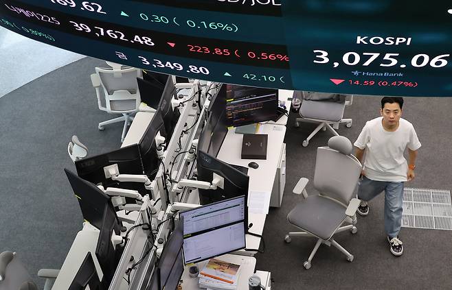 2일 서울 중구 하나은행 본점 딜링룸 현황판에 코스피와 일본 닛케이지수가 표시돼 있다. 트럼프 미국 대통령이 일본에 대한 상호관세율 상향 가능성과 상호관세 유예 기간 연장을 고려하지 않는다고 언급하자 투자심리가 위축되고 있다. [연합]