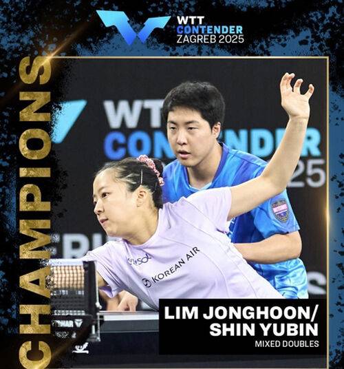 WTT 자그레브 혼합복식 우승을 합작한 신유빈(앞)과 임종훈
