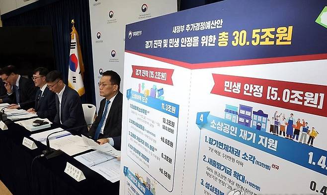 기획재정부가 지난달 18일 정부세종청사에서 새 정부 추가경정예산안에 대해 설명하고 있다. 연합뉴스