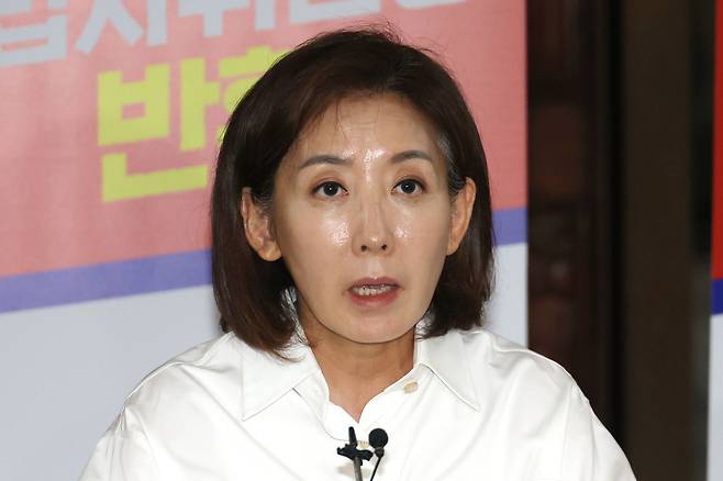 국민의힘 나경원 의원이 지난 2일 서울 여의도 국회 로텐더홀에서 향후 대여 견제 행동계획 등을 밝히는 기자회견을 하고 있다. 뉴스1