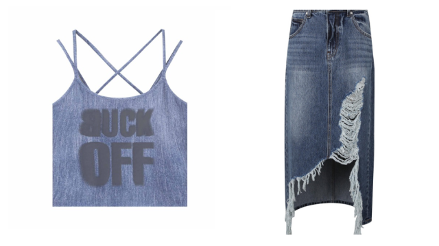 빈티지 캐주얼 브랜드 버커루의 데님 크롭 민소매와 롱 스커트. 사진 제공=버커루