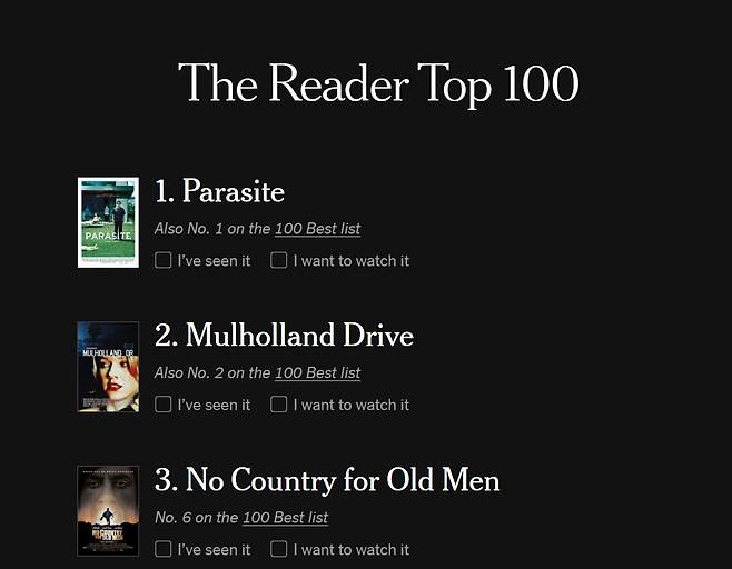 NYT 독자가 선정한 21세기 최고의 영화 1위에 오른 '기생충' [NYT 홈페이지 캡처. 재판매 및 DB 금지]