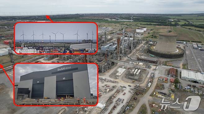 지난 6월 25일 영국 북잉글랜드 미들즈브러(Middlesbrough)의 티스웍스(Teesworks) 산업단지 인근. 높게 솟은 소각로(사진 왼쪽 상단) 너머로 해상풍력발전(왼쪽 상단)이 끝없이 서있다. 세아그룹 영국 자회사 '세아윈드'(SeAH Wind, 사진 왼쪽 하단)도 이곳에서 사업을 벌이고 있다. ⓒ 뉴스1 황덕현 기자