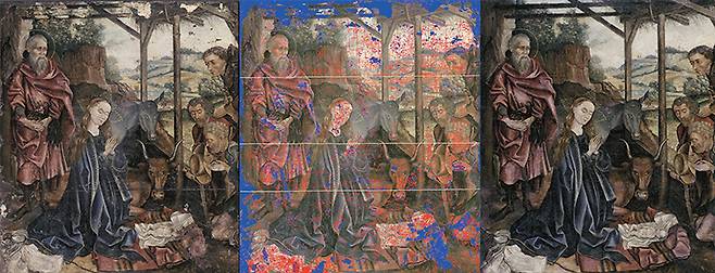 그림 복원 과정. 왼쪽은 손상된 부분이 있는 원본이고, 중간은 다양한 종류의 손상 지도를 보여준다. 녹색 선은 캔버스의 균열, 가는 빨간 선은 물감이 갈라진 부분, 파란색은 물감이 없는 부분, 분홍색은 긁힌 것 같은 작은 결함을 나타낸다. 오른쪽은 디지털 복원도를 필름에 인쇄하고 원본에 붙인 최종 복원 그림이다. /알렉스 카치킨