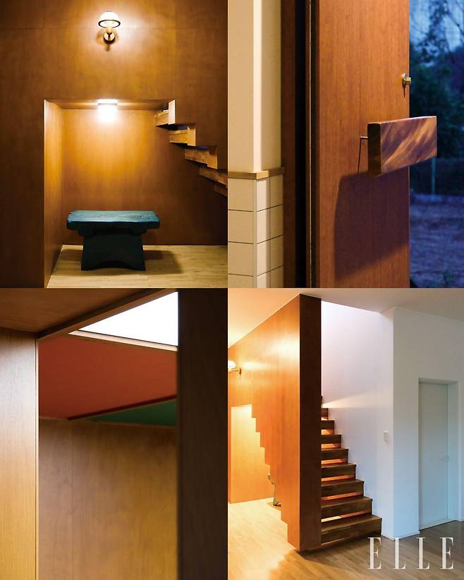 (왼쪽 위부터 시계 방향으로) 계단 하부에는 ‘팝’한 컬러로 도색한 고가구를 배치해 여백미를 살렸다. 금속 대문 손잡이는 유주현 소장이 수집한 고재를 활용해 제작했다. 기존에 벽이 없어 위험했던 계단에 벽을 설치했다. 컬러로 조명을 완성한 2층 휴식공간.