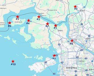 강화도와 한강하구 등 10개 정점(시료 채취 지점).     통일부 제공