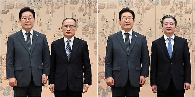 이재명 대통령이 4일 오전 서울 용산구 대통령실 청사에서 위성락 국가안보실장(왼쪽 사진), 김용범 정책실장에게 각각 임명장을 수여한 뒤 기념사진을 찍고 있다. 대통령실사진기자단