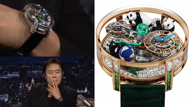 넷플릭스 오리지널 시리즈 '오징어 게임'의 배우 이병헌이 미국 인기 토크쇼 '지미 팰런쇼'에 출연했을 당시 착용한 시계가 화제다./사진=지미 팰런쇼 공식SNS, Jacob & Co 홈페이지 캡처