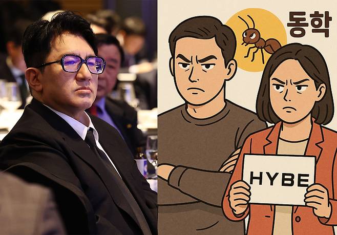 방시혁(왼쪽) 하이브 의장의 모습. [연합, 챗GPT를 사용해 제작함]