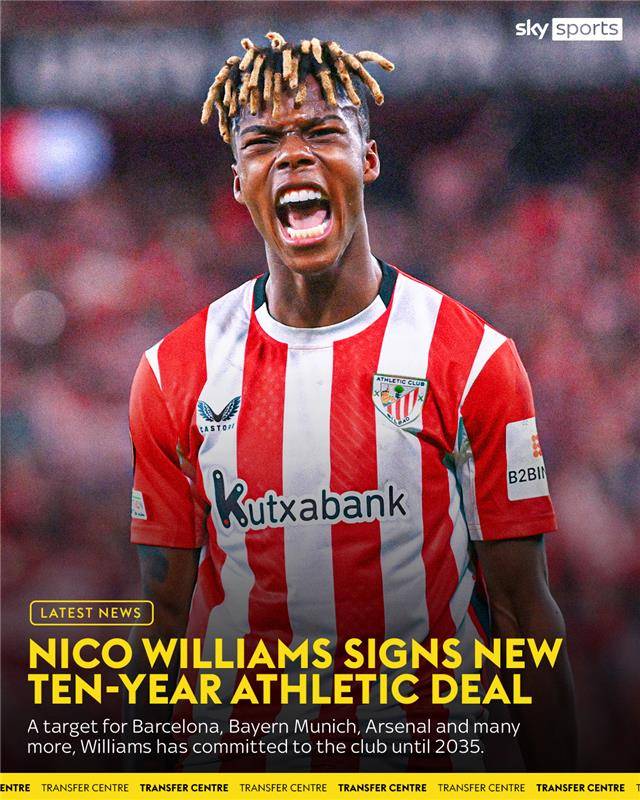 FC바르셀로나 이적을 최종 거부하고 아틀레틱 클루브와 10년 재계약을 체결한 니코 윌리엄스. /사진=스카이스포츠 SNS 캡처