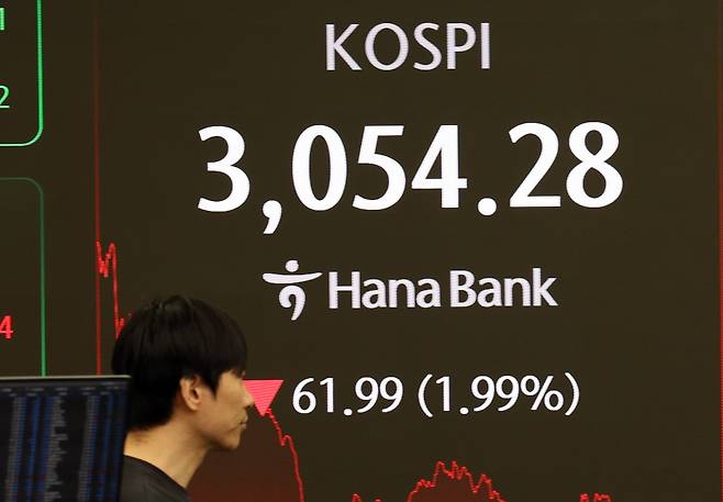4일 오후 서울 중구 하나은행 딜링룸 모습. 이날 코스피는 3054로 거래를 마쳤다. /뉴스1