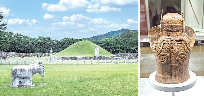 (좌로부터)수로왕릉, 국립가야박물관에 전시된 가야의 갑옷