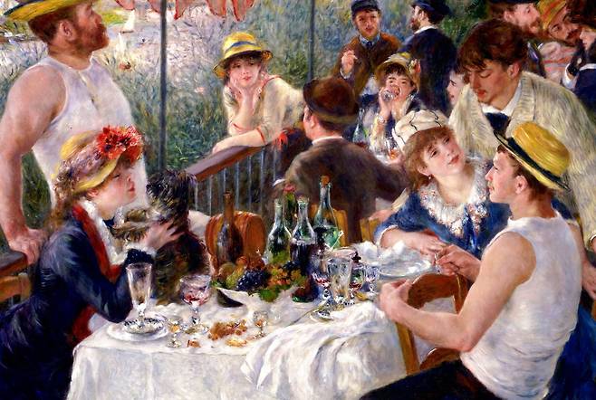 오귀스트 르누아르, 보트 파티에서의 점심 식사(오른쪽 맨 아래 밀짚모자를 쓴 채 의자에 앉은 이가 귀스타브 카유보트)