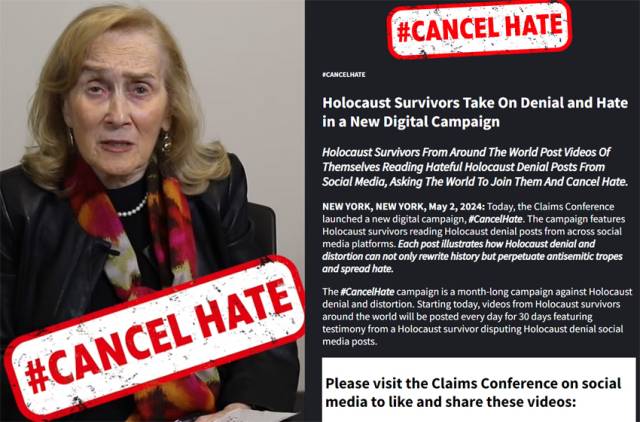 ▲ ‘유대인에 대한 증오를 멈추라’는 캠페인에 동참한 홀로코스트 생존자 여인. ⒸClaims Conference