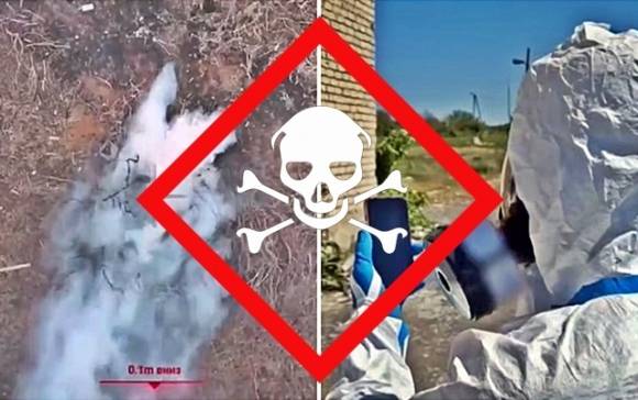 4일(현지시간) 독일과 네덜란드 정보당국은 보고서에서 러시아군이 우크라이나 전장에서 화학무기금지협약(CWC)으로 금지된 독성 물질 ‘클로로피크린’을 관행적으로 사용하고 있다고 지적했다. 왼쪽은 2024년 10월 러시아 준군사조직(PMC) ‘루시치 그룹’이 참호 속 우크라이나군을 향해 드론으로 클로로피크린 및 이산화황 가스를 장전한 수류탄을 투하했다며 직접 공개한 동영상 일부. 오른쪽은 1일 러시아 연방보안국(FSB)이 우크라이나 동부 도네츠크에서 우크라이나군이 드론용 클로로피크린 장전 폭발물을 제조하는데 사용한 비밀 무기고를 발견했다며 공개한 동영상 일부. 2025.7. 5 텔레그램 외