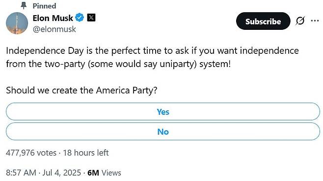 일론 머스크가 올린 신당 창당 관련 투표 게시물 [@elonmusk X 캡처. 재판매 및 DB 금지]
