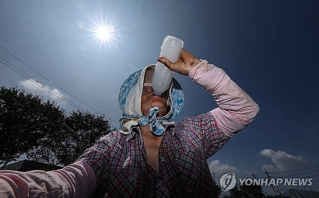 덥다 더워 (고령=연합뉴스) 윤관식 기자 = 무더위가 계속되며 폭염특보가 발효 중인 2일 경북 고령군 다산면의 한 밭에서 파 모종을 심던 농민이 얼음물을 마시며 더위를 식히고 있다. 2025.7.2 psik@yna.co.kr