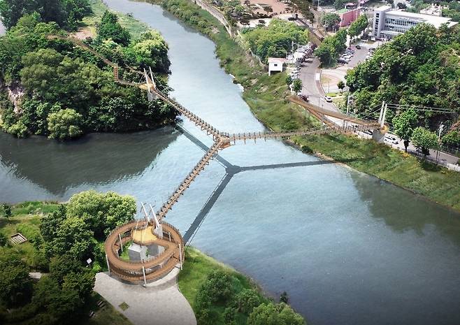 양강섬(좌측상단)·떠드렁섬(좌측하단)·물안개공원을 잇는 Y자형 출렁다리 조감도 [양평군 제공. 재판매 및 DB 금지]