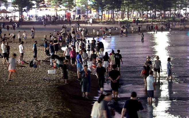 지난달 29일부터 포항 지역에 시작된 때 이른 열대야로 밤잠을 설치는 이들이 늘고 있다. 밤늦게까지 30℃를 웃도는 고온이 이어진 5일 영일대 해수욕장을 찾은 시민과 관광객들이 시원한 바닷가를 걸으며 더위를 식히고 있다. /이용선기자 photokid@kbmaeil.com