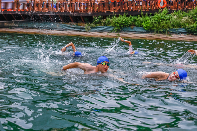 '2025 롯데아쿠아슬론' 참가자가 석촌호수에서 수영을 하고 있다. 롯데물산 제공