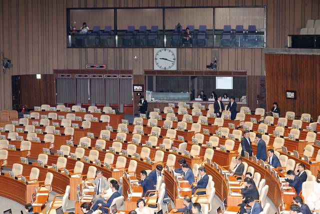 지난 4일 국회 본회의에서 여당 의원들이 야당 의원들을 기다리고 있다. [연합뉴스]