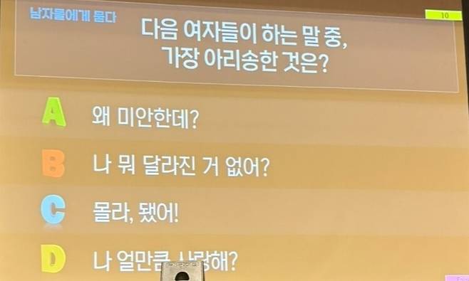 지난 3월7일부터 8일까지 진행된 성신여대 창의융합학부 신입생 캠프에서 레크레이션 시간에 나온 퀴즈 내용. 큐리즘 제공.