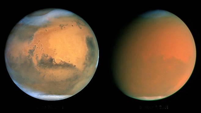 2001년 6월26일(왼쪽)과 9월4일 각각 찍은 화성. 2개월 남짓 만에 화성 전체가 먼지 폭풍에 뒤덮였다. 미 항공우주국(NASA) 제공