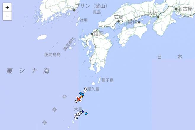 일본 기상청은 5일 “오전 6시29분쯤 가고시마현 도카라 열도 해역(지도에서 빨간색 엑스)에서 규모 5.4의 지진이 발생했다”고 밝혔다. 일본 기상청 홈페이지 캡처