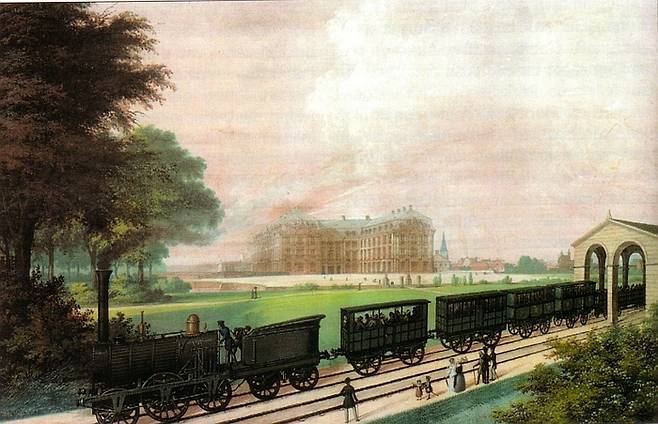 “칙칙폭폭 떙, 달리자 저 멀리 청량리까지.” 관세 동맹은 독일 철도 산업에 크게 기여했다. 사진은 1844년 그림.