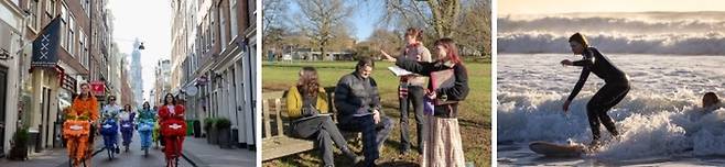 (왼쪽부터) 암스테르담 ‘꽃장식 자전거 타고 운하투어’, 런던 ‘예술가와 함께 큐가든의 자연을 그려보는 시간’, 코스타 다 카파리카 ‘서핑수업’ / 사진=에어비앤비