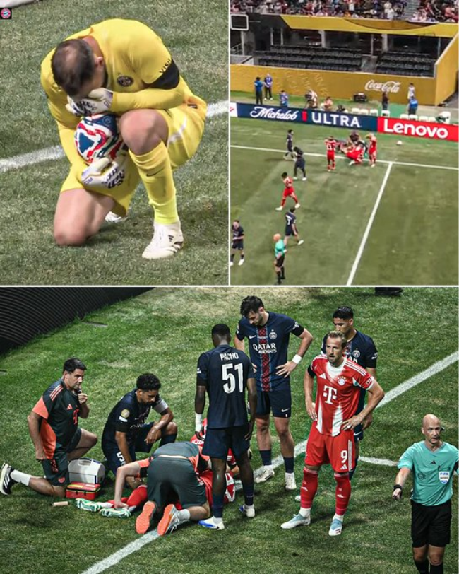 바이에른 뮌헨의 에이스 자말 무시알라가 끔찍한 부상을 입었다. 무시알라는 6일(한국시간) 미국 조지아 애틀랜타 메르세데스-벤츠 스타디움에서 열린 파리 생제르맹과 2025 국제축구연맹(FIFA) 클럽월드컵 8강전에서 전반 추가시간 상대와 충돌로 쓰러졌다. 무시알라의 왼쪽 다리가 바깥쪽으로 완전히 돌아간 모습이 중계 화면에 포착됐다. 사진=ESPN SNS