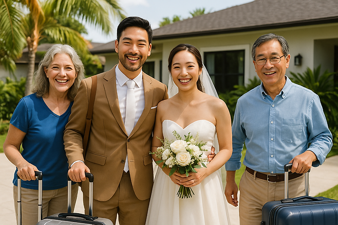 여행용 캐리어를 끌며 함께 신혼여행을 떠나는 신혼부부와 양가 부모님의 모습. [챗GPT로 제작한 이미지]