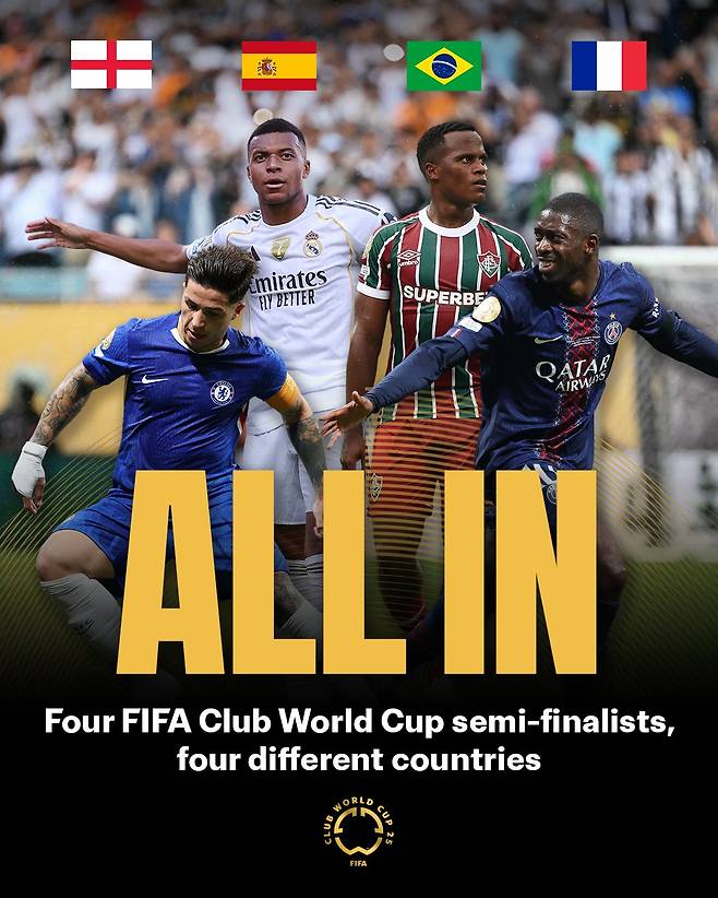 2025 국제축구연맹(FIFA) 클럽 월드컵 준결승(4강)에 오른 팀들. 왼쪽부터 잉글랜드 첼시, 스페인 레알 마드리드, 브라질 플루미넨시, 프랑스 파리 생제르맹(PSG). /사진=FIFA SNS 캡처
