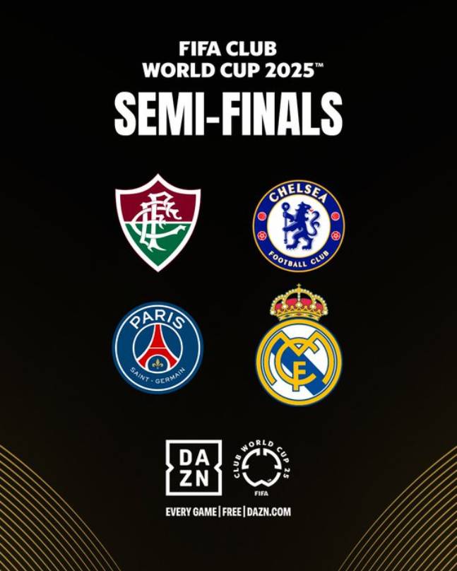 2025 국제축구연맹(FIFA) 클럽 월드컵 준결승(4강) 진출팀 엠블럼. 왼쪽 위부터 시계방향으로 플루미넨시, 첼시, 레알 마드리드, 파리생제르맹. /사진=FIFA 클럽 월드컵 공식 SNS 캡처