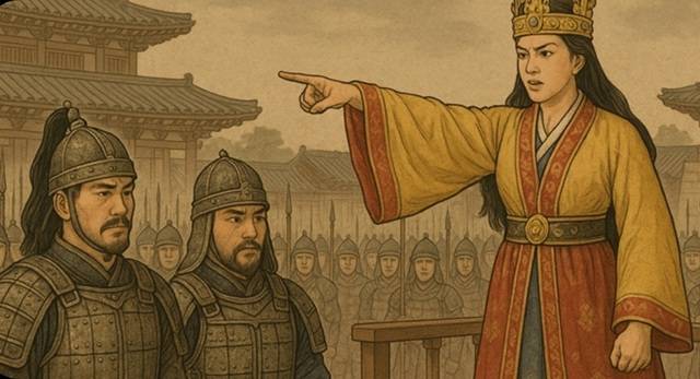 선덕여왕이 김유신 장군과 김춘추에게 반란군 비담을 잡으라고 명령하는 장면을 인공지능 AI가 그린 그림.