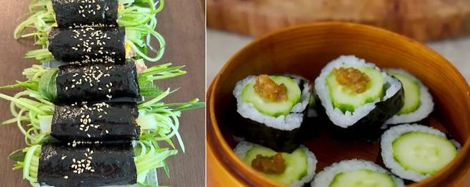 오이를 넣어 김밥을 만들 때 쌀밥의 양을 줄이면 탄수화물 섭취량을 줄일 수 있다. 배우 소이현이 만든 오이김밥(왼쪽)과 방송인 최화정이 선보인 오이김밥. [사진=SNS]