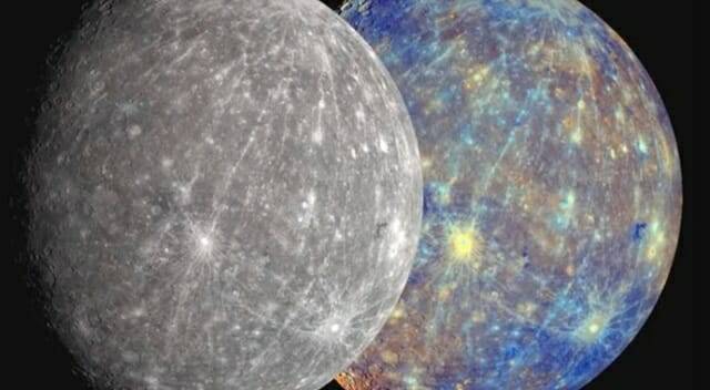 왼쪽은 NASA 메신저 우주선이 관측한 수성의 모습. 오른쪽은 사람의 눈으로 볼 수 있는 수성의 실제 색깔과 비슷한 이미지 (출처=NASA/존스홉킨스대학교 응용물리학연구소/워싱턴 카네기 연구소)