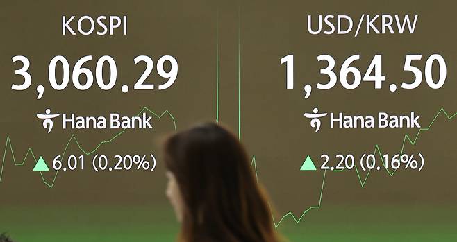 4일 서울 중구 하나은행 본점 딜링룸에서 직원들이 업무를 보고 있다. 이날 코스피는 전장보다 9.50포인트(0.31%) 내린 3044.78로 시작했다. /연합뉴스