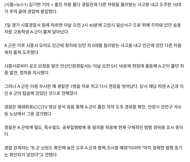 image.png 훔친 차로 경찰관 치고 도주한 10대.. 추적 끝 검